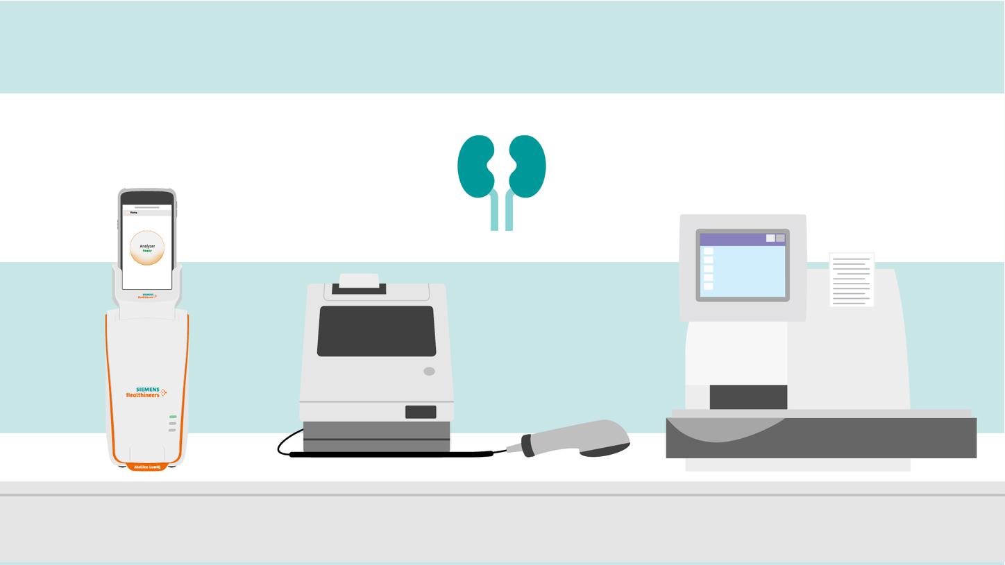 Point-of-care urinalysis testing devices on a laboratory counter.