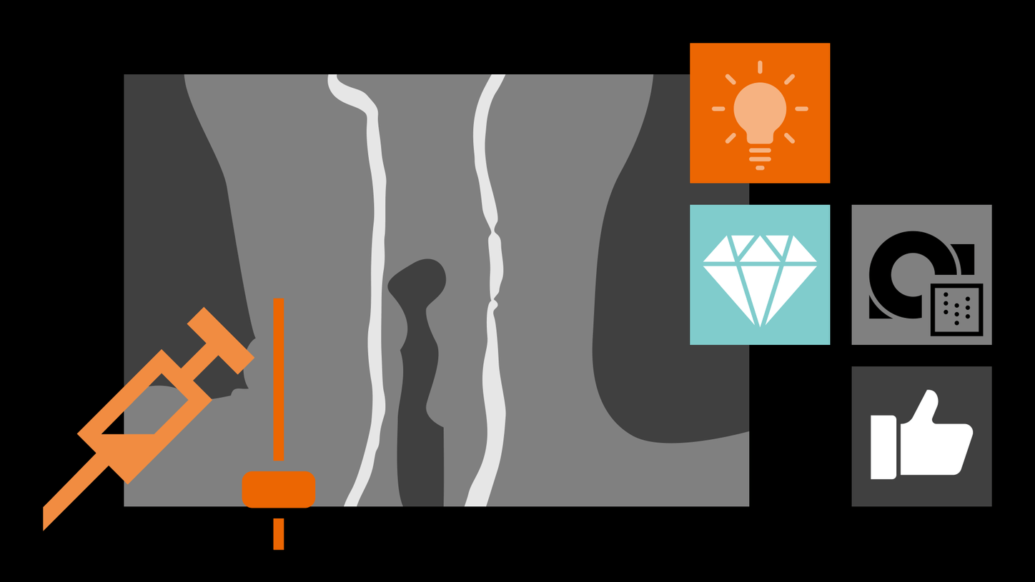 Illustration of a clinical head and neck image combined with a syringe icon and icons of a light bulb, diamond, quantum technology, and thumbs up.