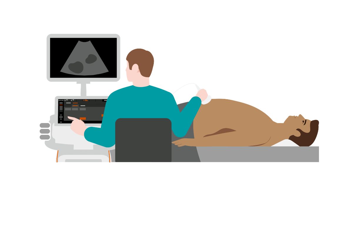 Sonographer doing an abdominal ultrasound exam