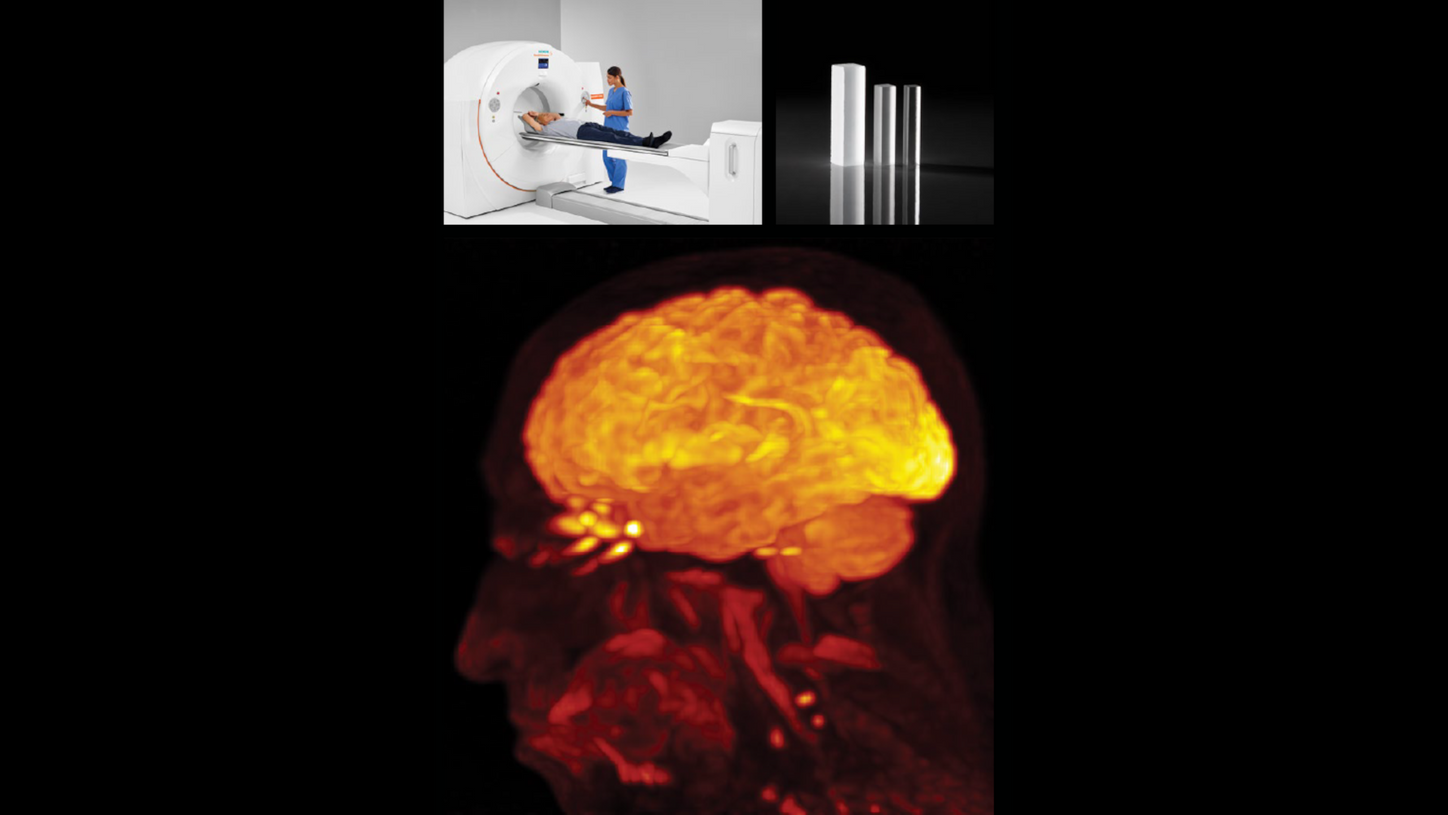 top: hospital staff guiding patient through Biograph Vision PET/CT scanner - bottom: clincal image