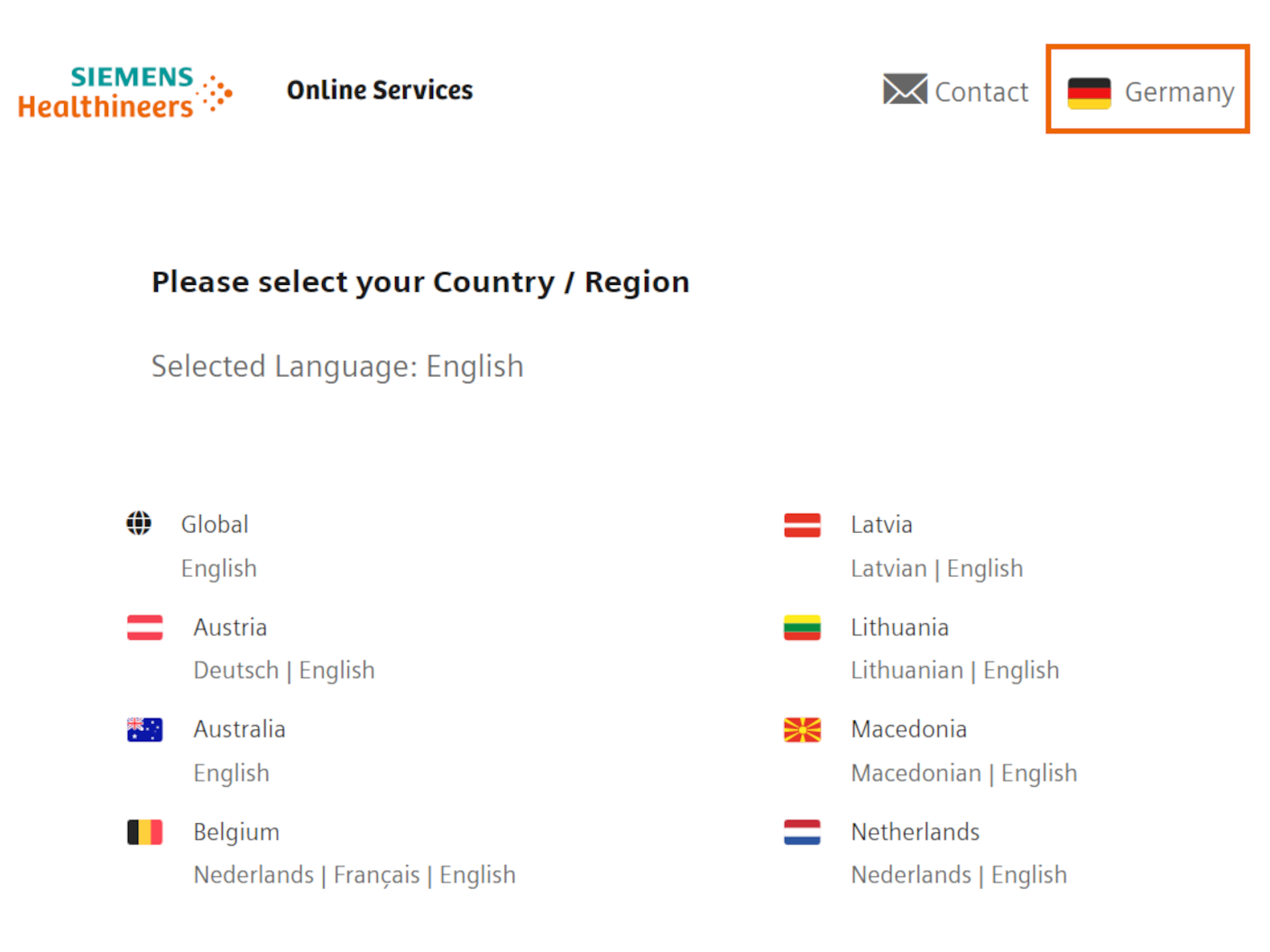 Healthineers-ID Online Services Select country