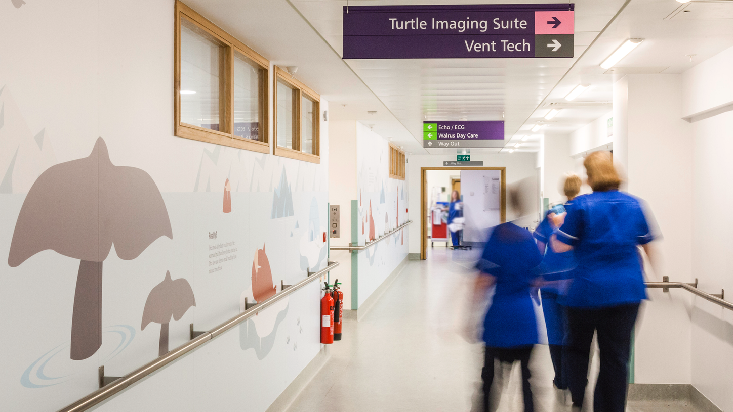 The busy halls of GOSH are decorated with fish and whales, catering to their pediatric patients.