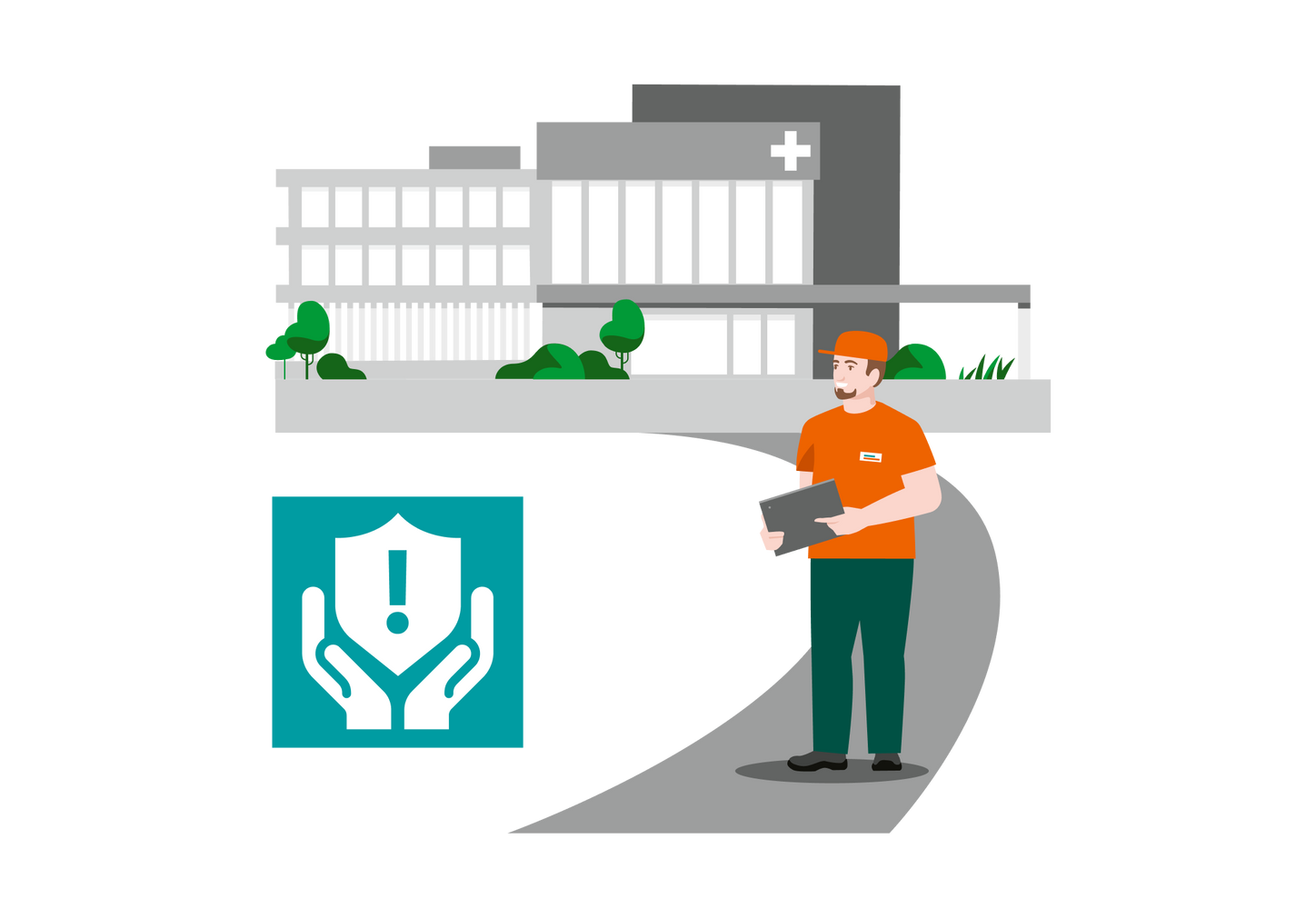 Priority Response visual with engineer arriving in front of hospital