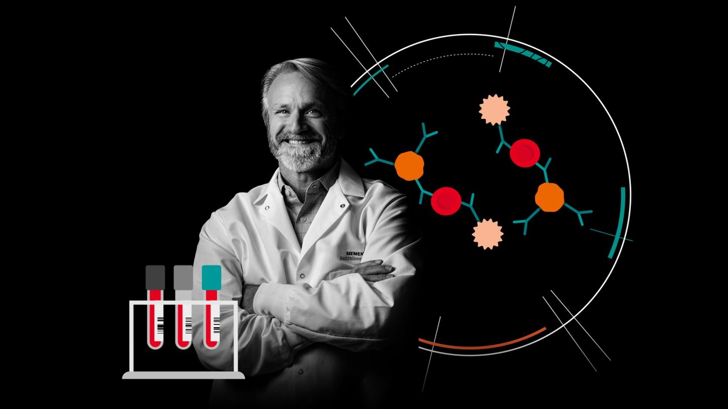 Portrait of Jim Freeman in black and white. He is smiling and wearing a lab coat. On the left side there is an illustration of three blood samples and on the right illustrations of antibodies that bind to drops of blood.