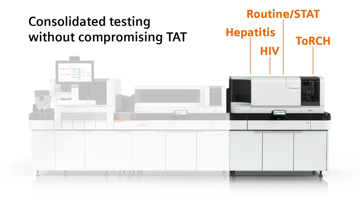 Image showing the Infectious Disease tests the Atellica IM Analyzer runs, with the image title "Consolidated testing without compromising TAT". Tests are Hepatitis, HIV, ToRCH, and Routine/STAT