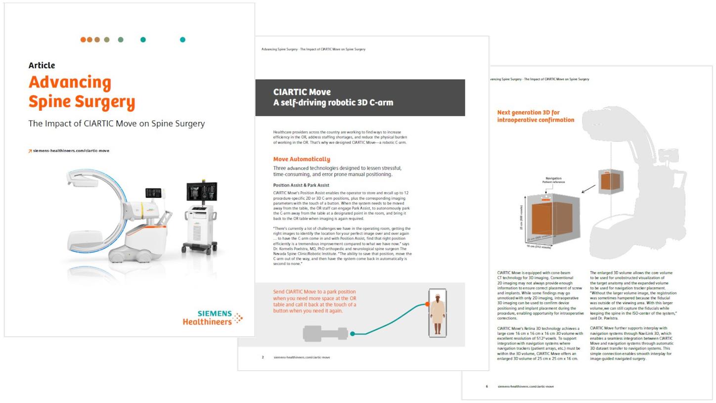 White paper on how spine surgery benefits from the self-driving mobile 3D C-arm CIARTIC Move.