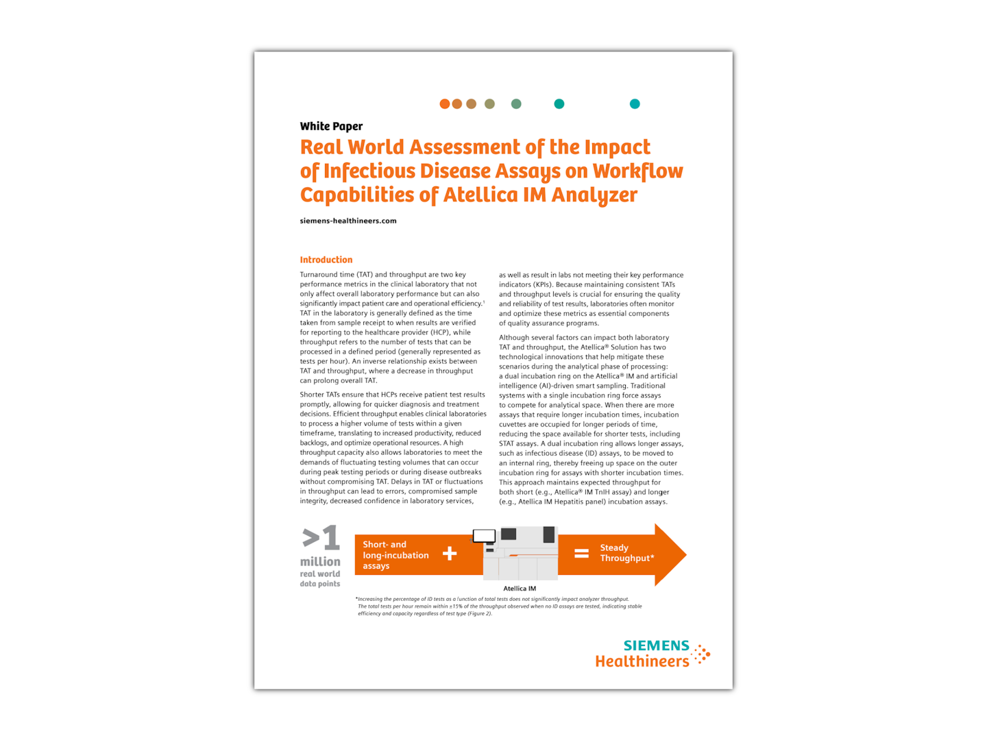 First page of the Siemens Healthineers white paper: Real World Assessment of the Impact of Infectious Disease Assays on Workflow Capabilities of Atellica IM Analyzer
