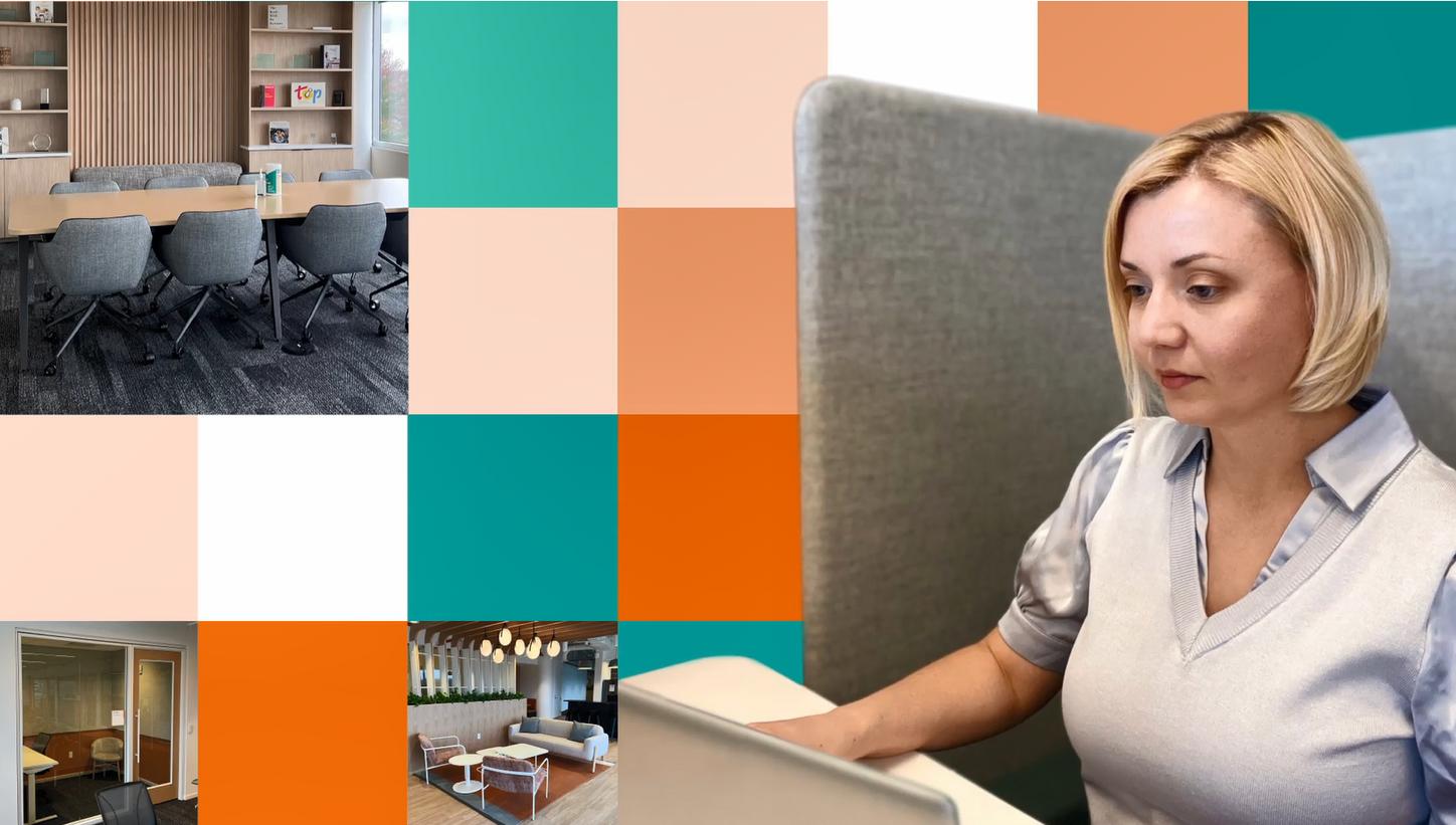 Candi Gennaro working in a quiet cubicle. Collage displays pictures of library, phone room and lounge area. 