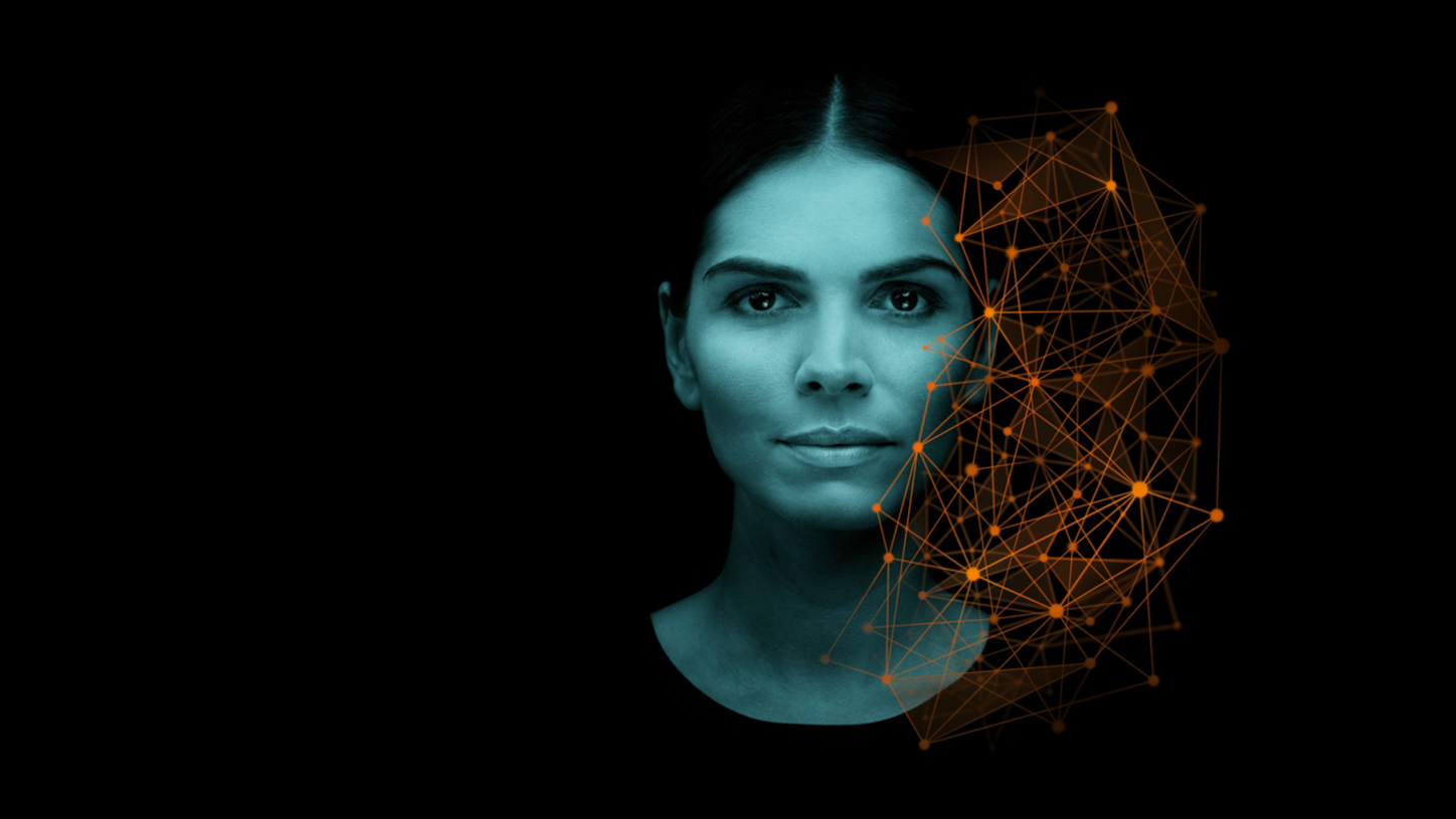 Frontal View of woman's face next to visualization of technology 