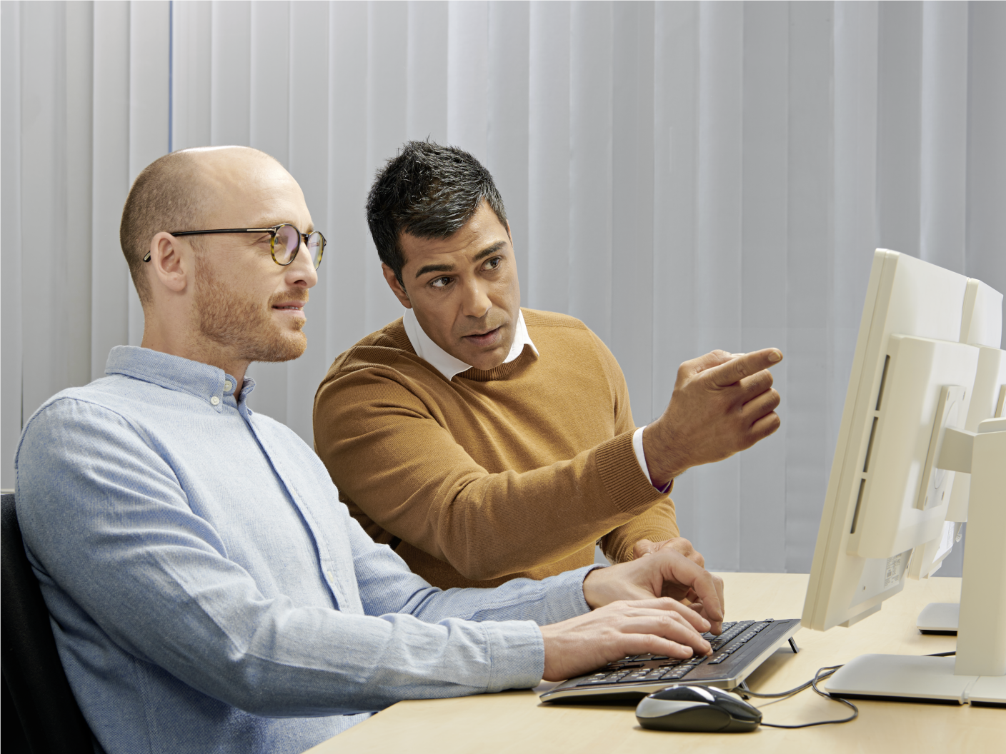 Technical expert educating an in-house engineer from a computer