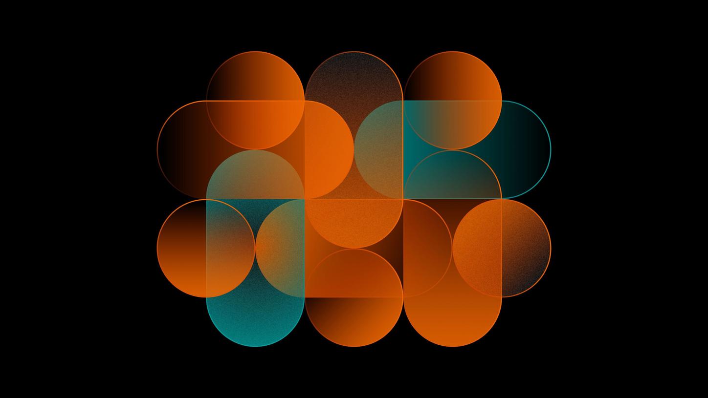 Abstract geometric pattern of overlapping orange and teal shapes on a black background.