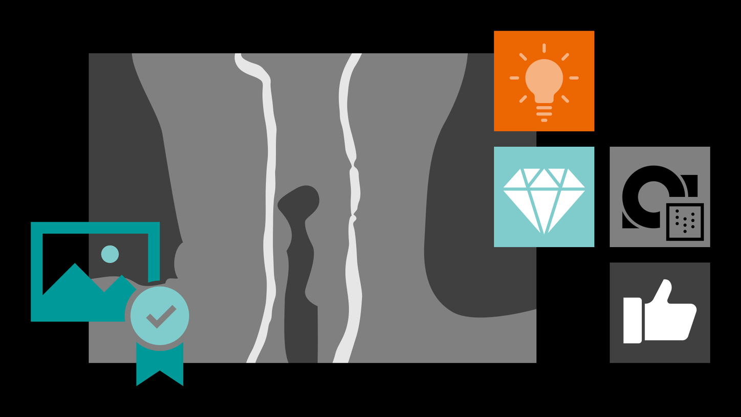 Illustration of a clinical head and neck image, combined with a high image quality icon and icons of a light bulb, diamond, quantum technology, and thumbs up. 