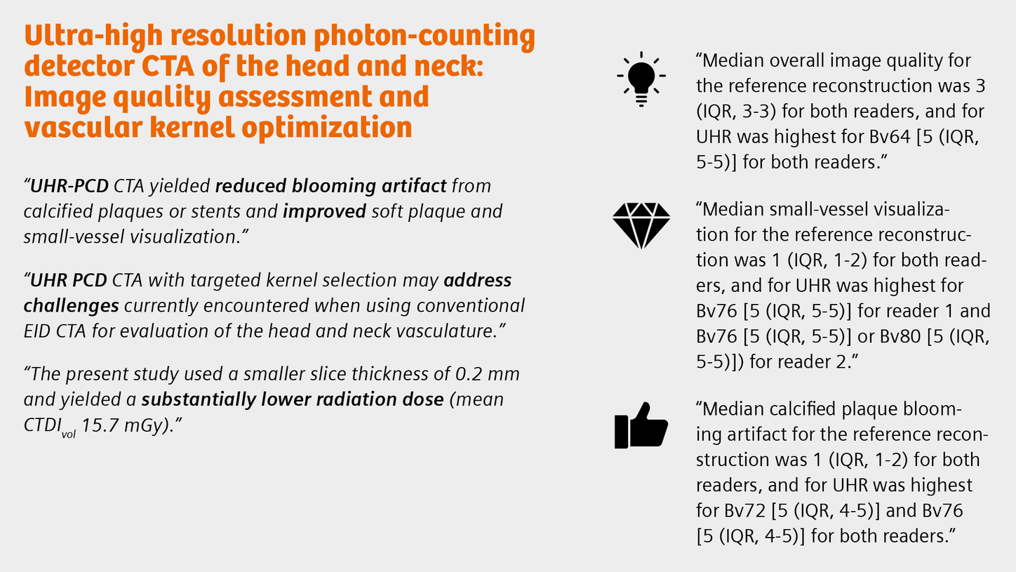 Summary of the publication "Ultra-high resolution photon-counting detector CTA of the head and neck: Image quality assessment and vascular kernel optimization"