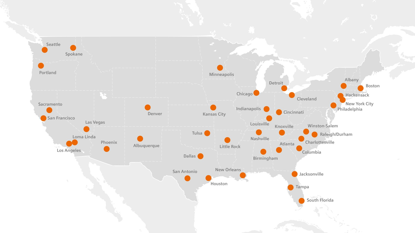 Locations of Radiopharma PET manufacturing facilities in the United States