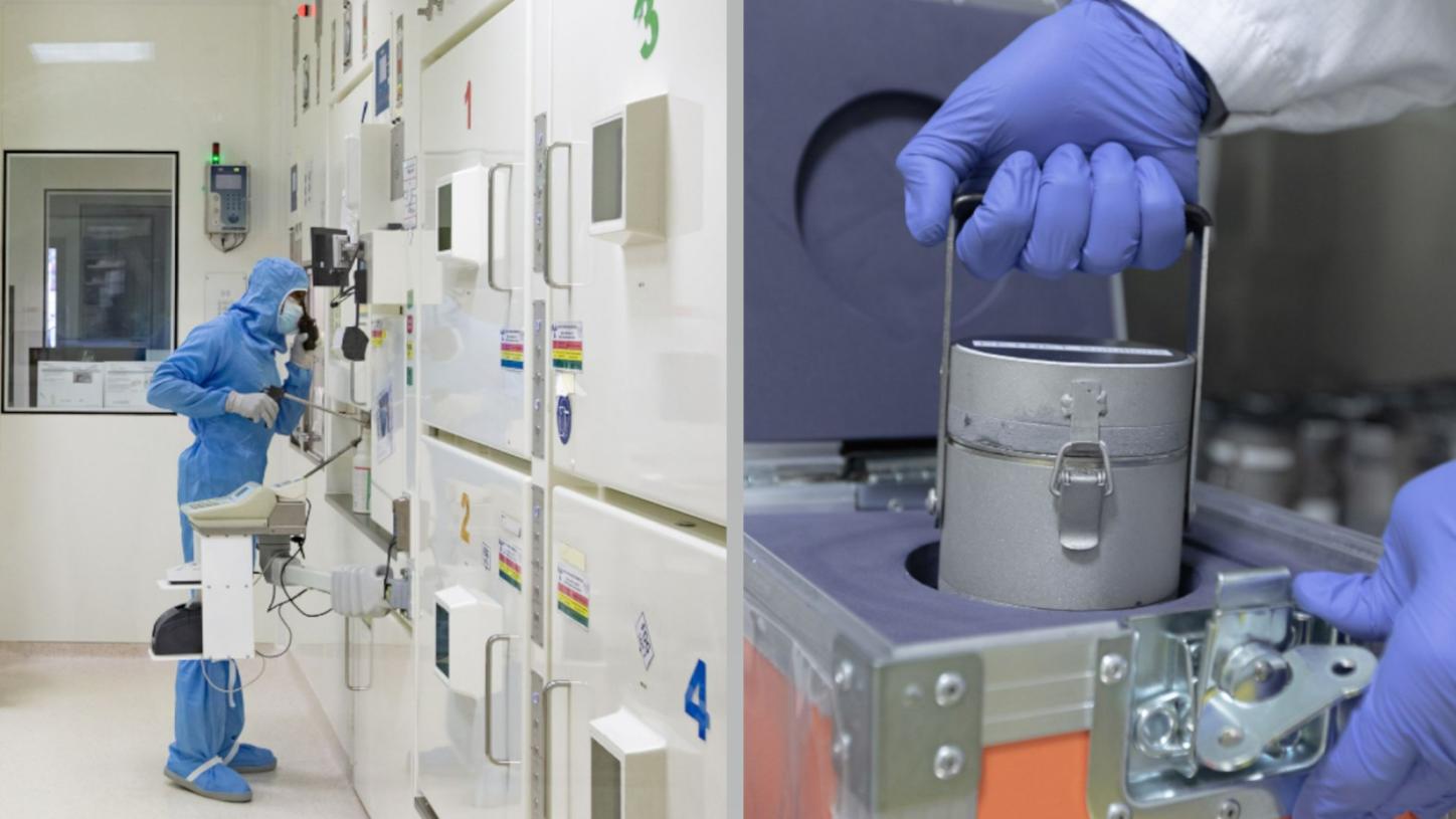 Technician in protective gear handling radioactive materials; close-up shows gloved hands placing a sealed container into a secure case.