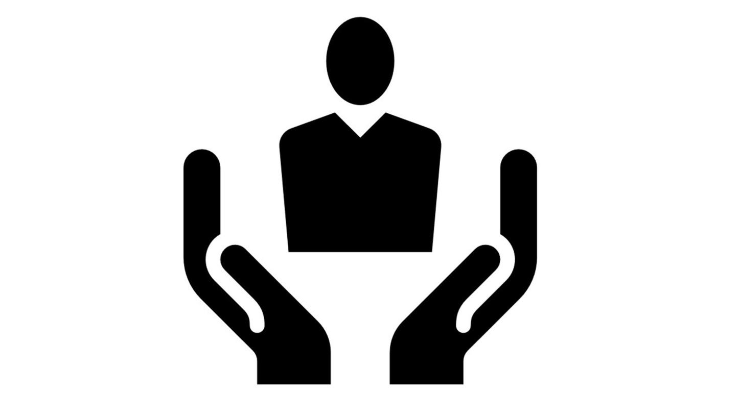 Icon of a person held by two protective hands, representing care, support, or protection