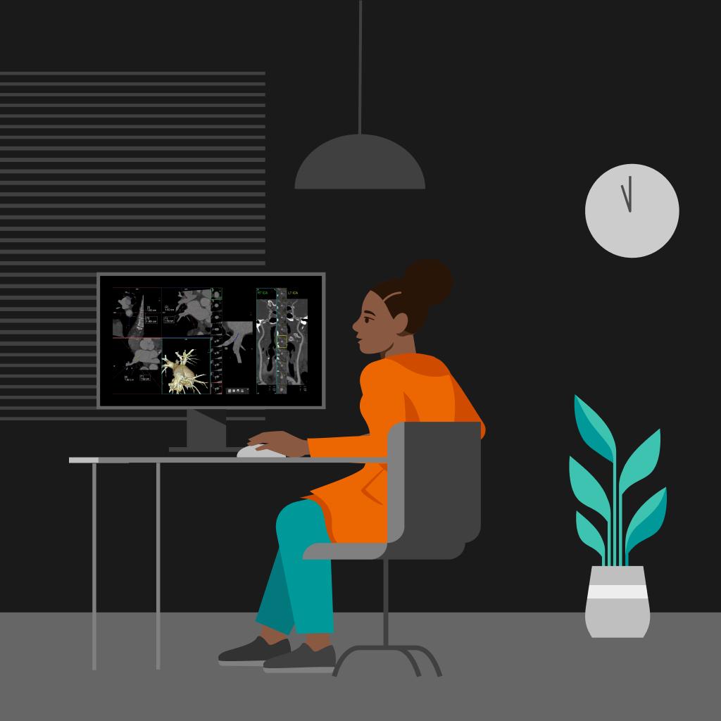 Illustrated technologist performing post processing at desk 