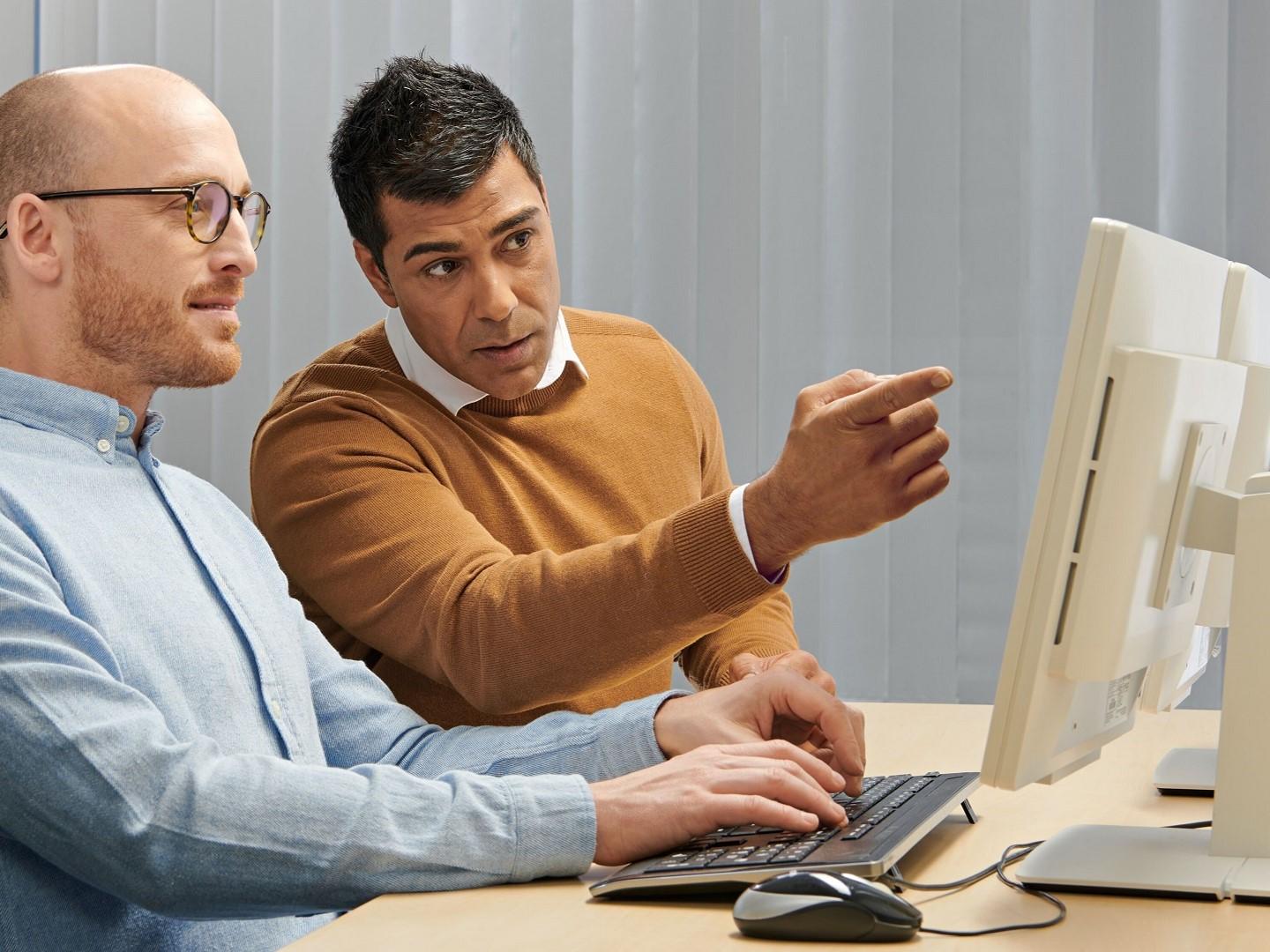 Technical expert educating an in-house engineer from a computer