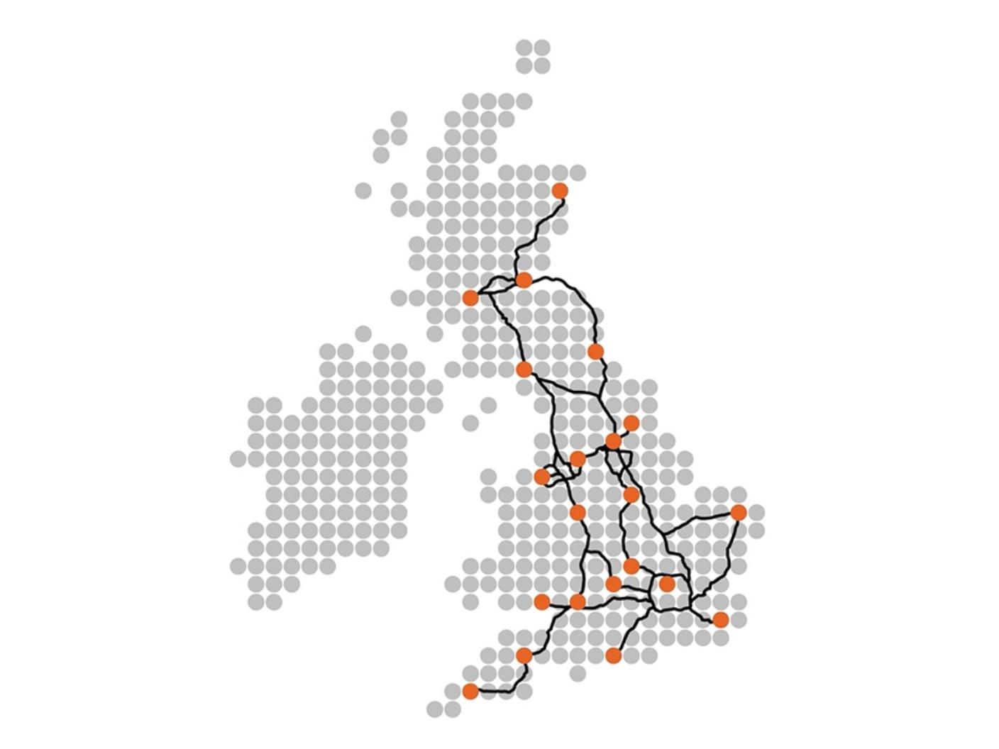Map of UK showing nationwide reach from Dunstable radiopharmacy