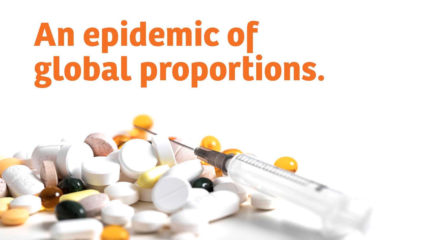 An epidemic of global proportions image with opioid drug imagery