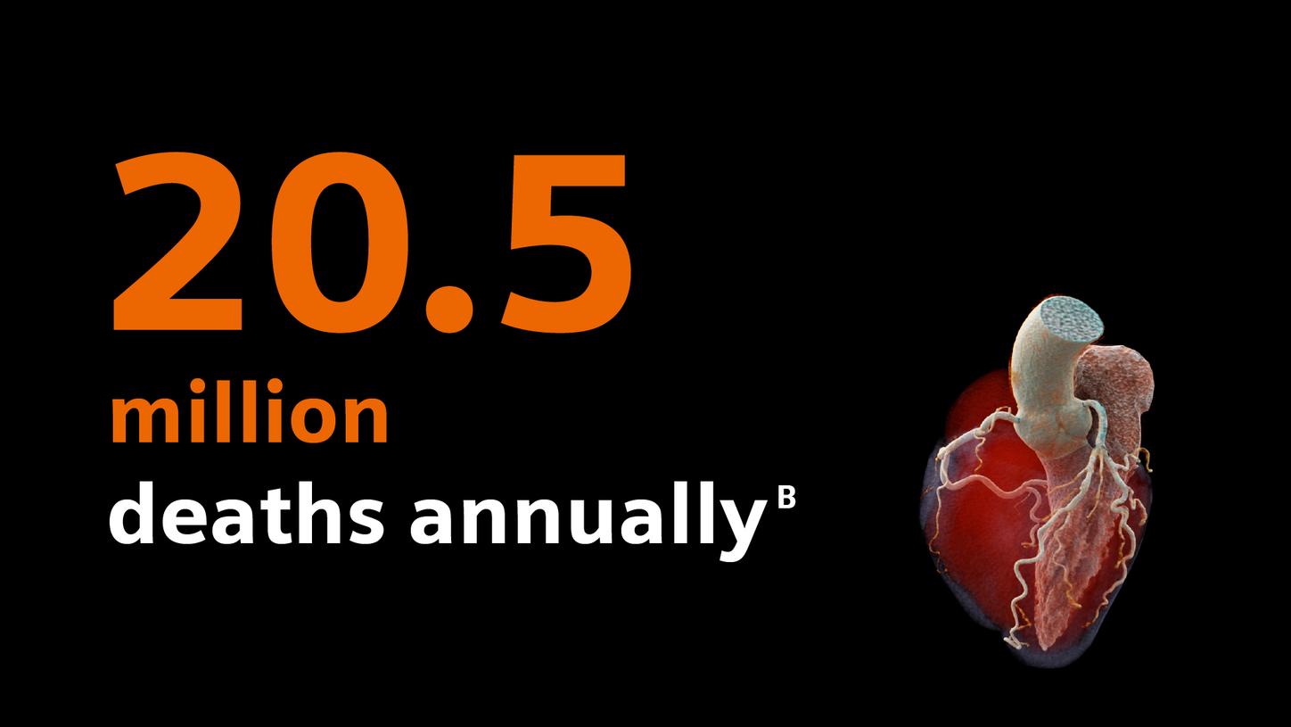 Infographic showing “20.5 million deaths annually” with a stylized heart illustration.