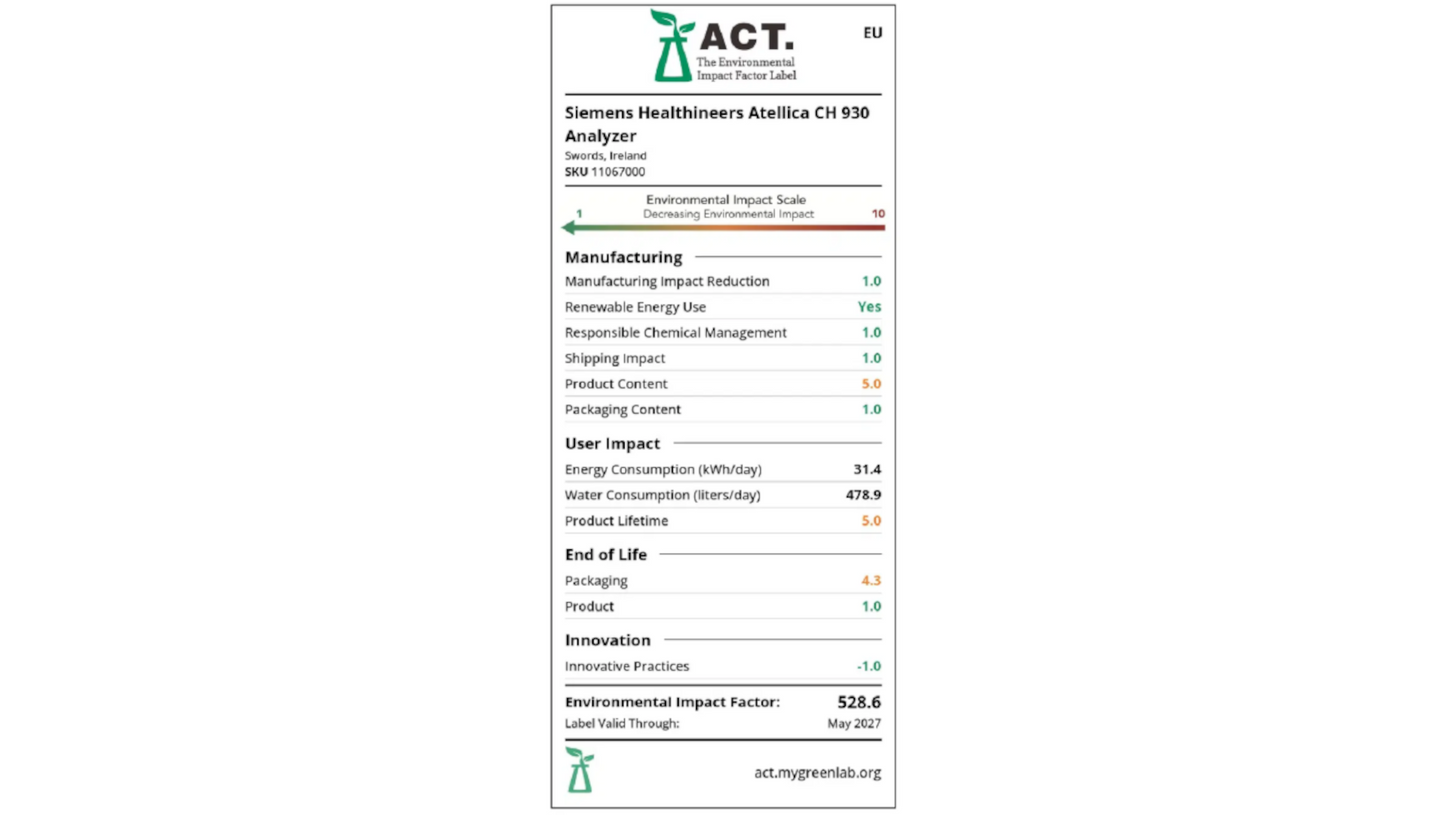 ACT Ecolabel von My Green Lab für den Atellica CH 930 Analyzer