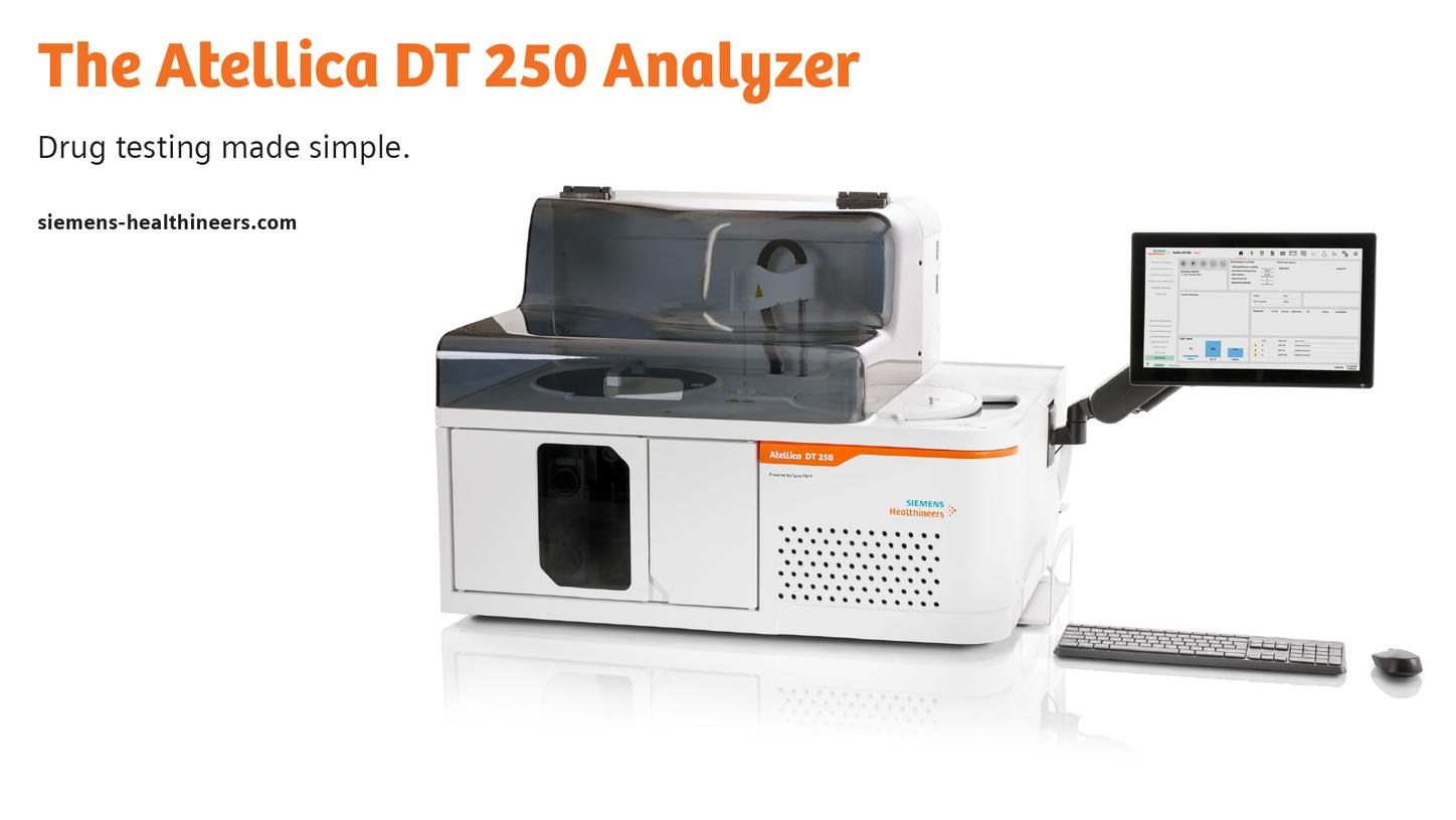 Atellica DT 250 Analyzer with monitor, keyboard, and mouse, with text reading "Drug testing made simple."