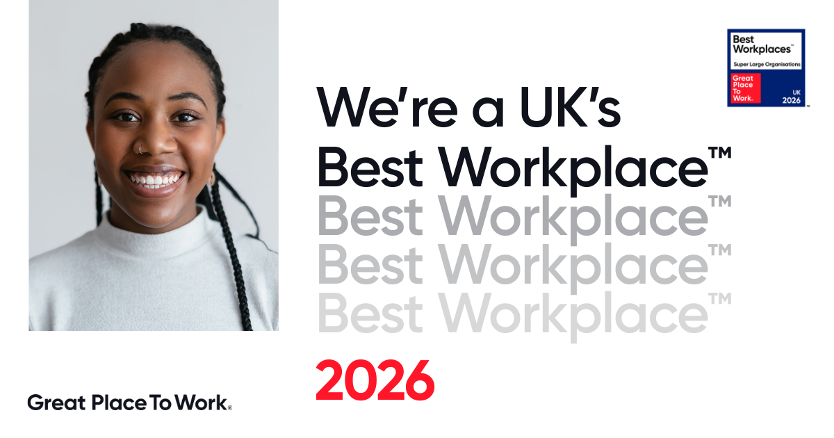Great Place to Work 2026 with image of smiling young black woman on white background