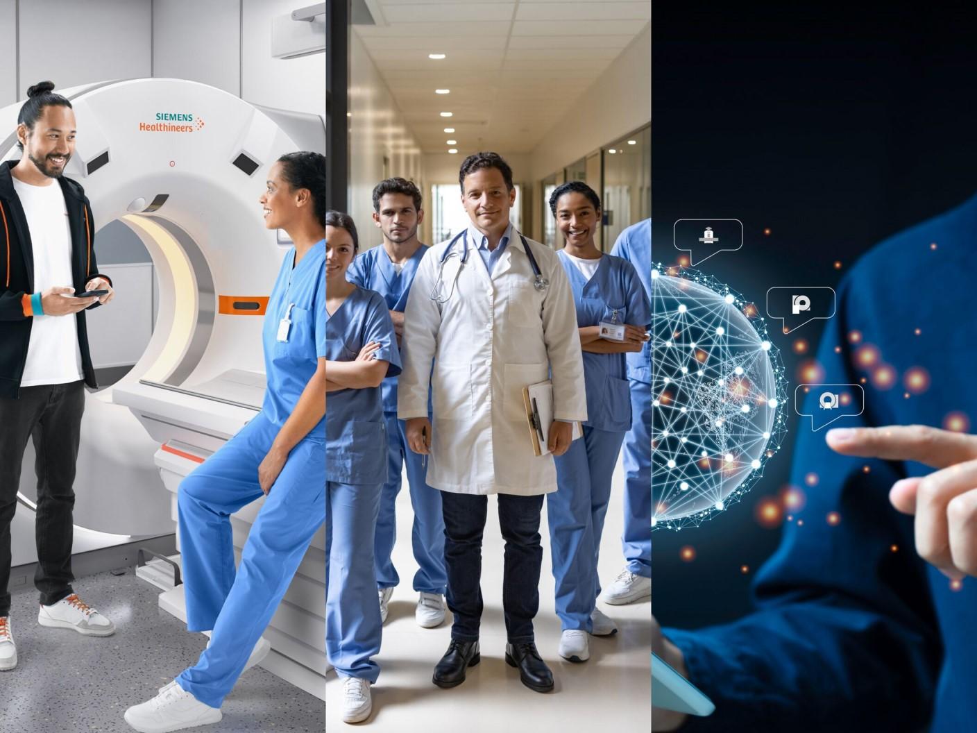 Two healthcare professionals interact in front of a Siemens Healthineers CT scanner, illustrating a modern and approachable clinical environment.