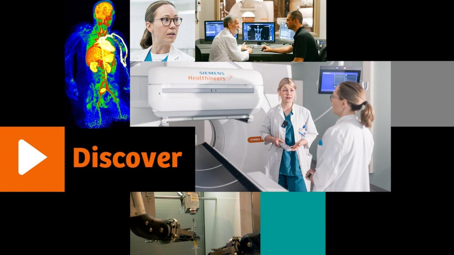 Collage of medical imaging professionals, scanners, and robotic equipment with the word “Discover” and a play icon in the center.