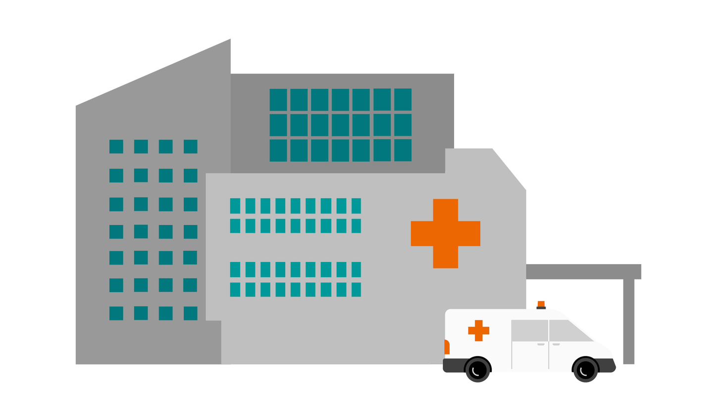 Illustration of a hospital with an ambulance outside.