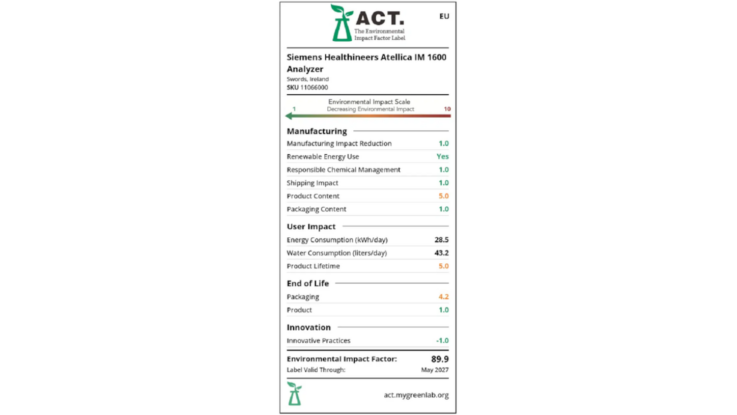 ACT Ecolabel von My Green Lab für den Atellica IM 1600 Analyzer