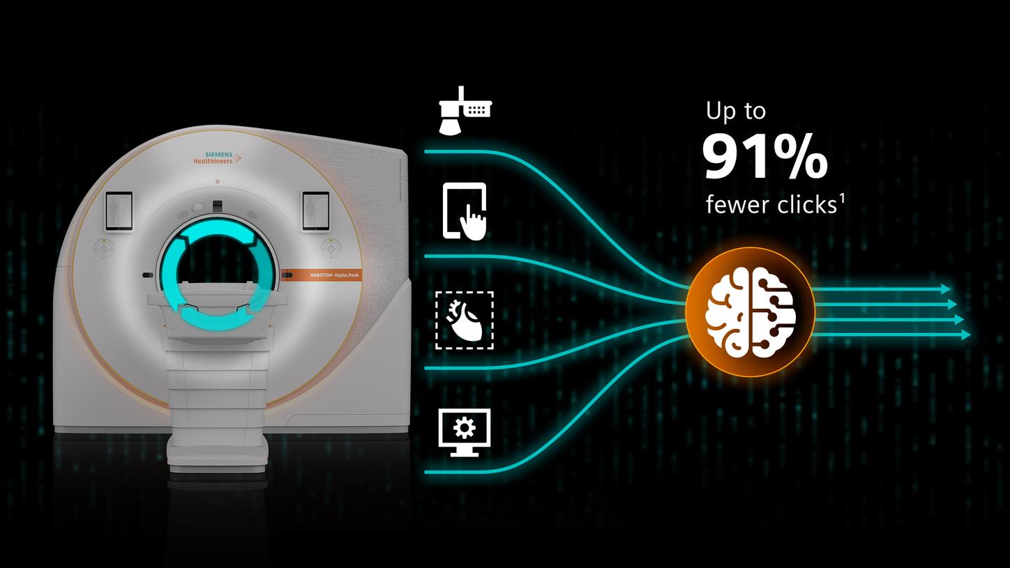 A NAEOTOM Alpha class scanner combined with the illustration of its AI-powered scanning workflow with FAST 3D camera, mobile workflow, myExam companion workflow, and automated image reconstruction, which results in up to 91 percent fewer clicks.