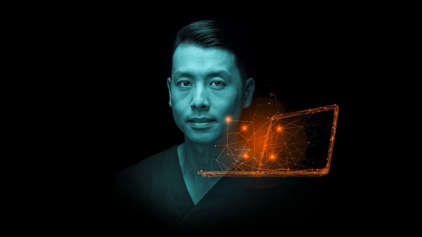 Man with laptop overlay