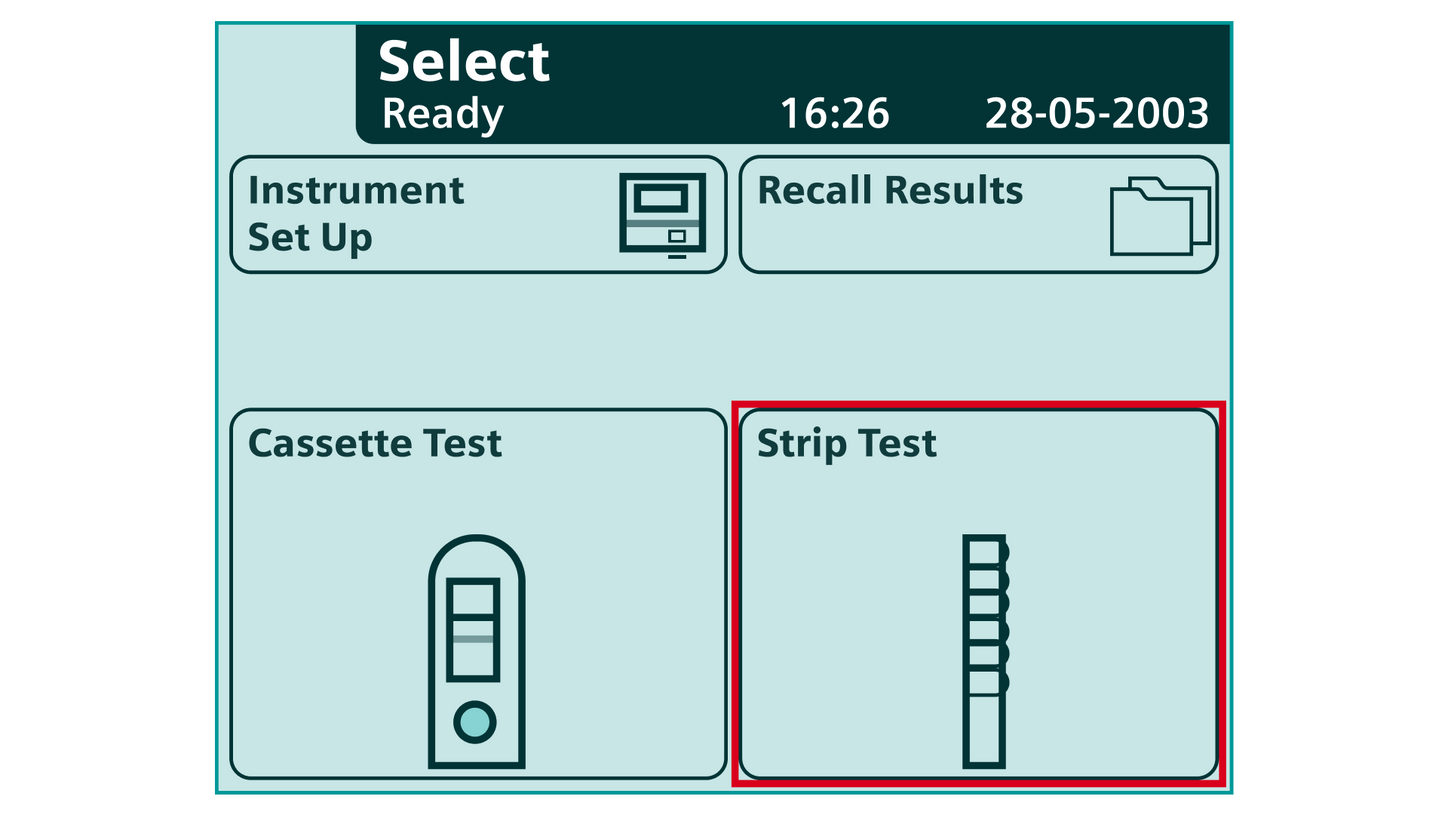 When the "Select" screen appears, touch the Strip Test screen button