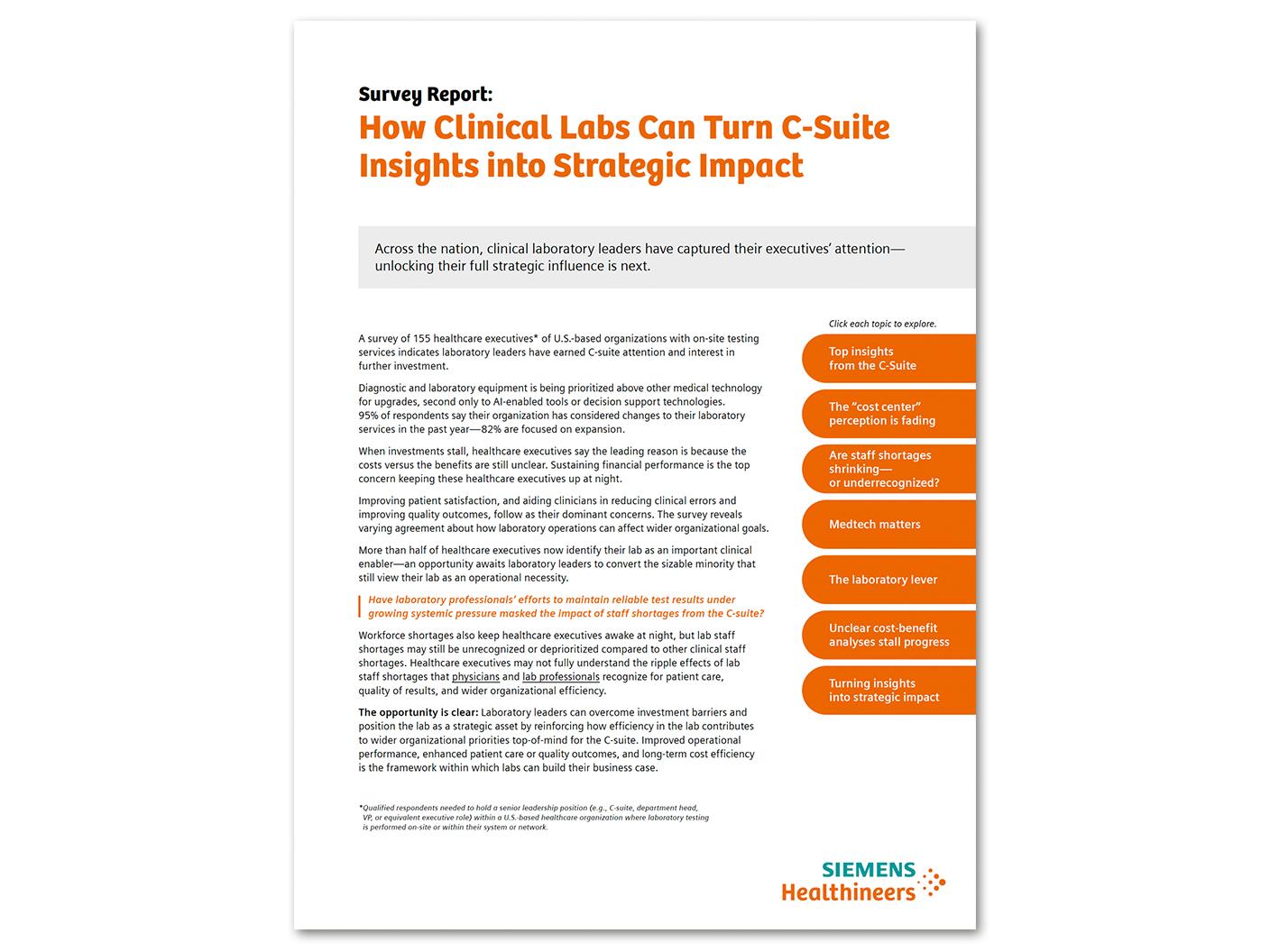 Cover of the survey report, "How Clinical Labs Can Turn C-Suite Insights into Strategic Impact," summarizing findings from a survey of U.S. healthcare executives