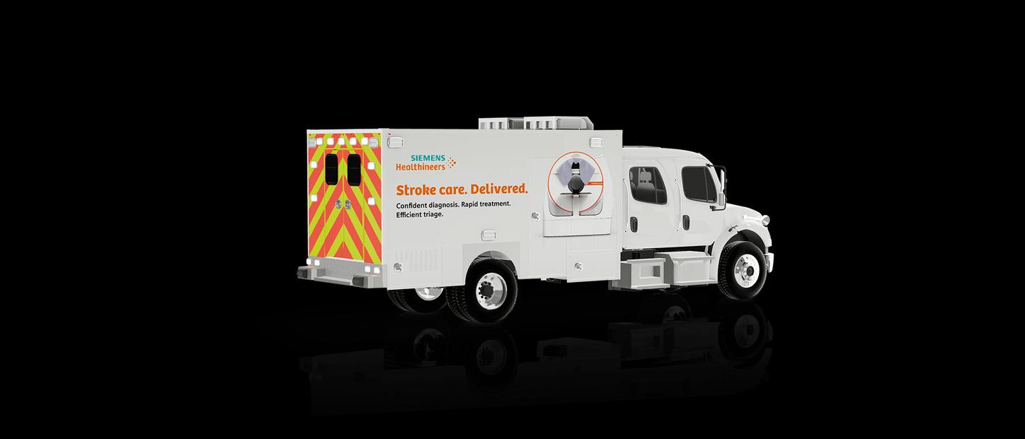Siemens Healthineers mobile stroke unit for rapid stroke diagnosis and treatment, shown during Stroke Awareness Month messaging promoting faster care delivery to patients.