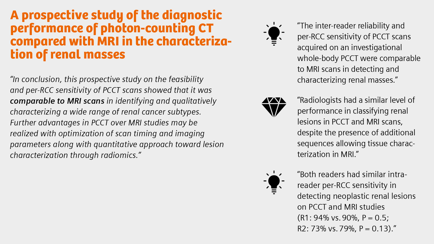 Summary of the publication "A prospective study of the diagnostic performance of photon-counting CT compared with MRI in the characterization of renal masses"