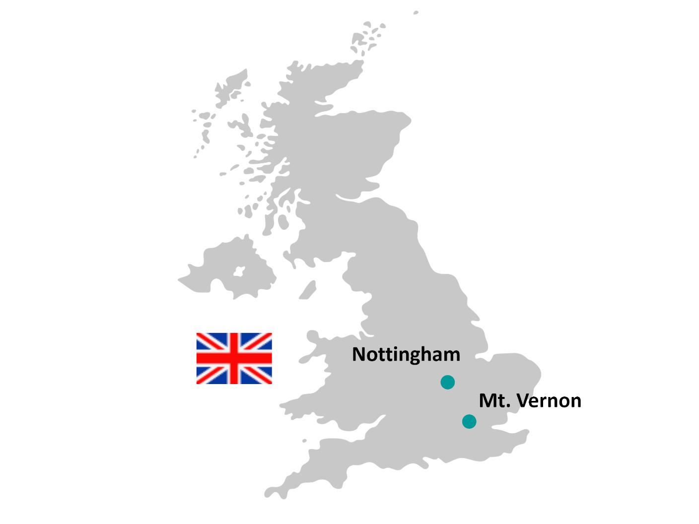 United Kingdom map representing pharmacies in Nottingham and Mt. Vernon