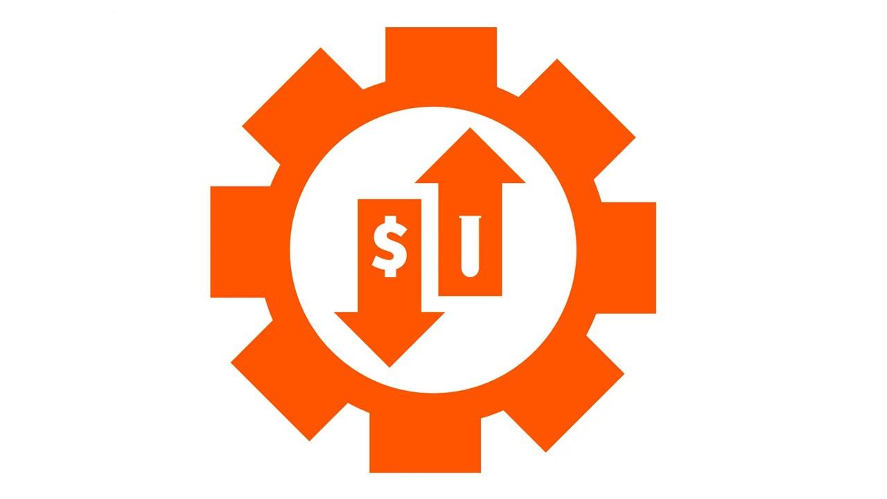 Illustration of a gear with arrows, a dollar sign, and test tube representing operational efficiency in D-dimer testing.