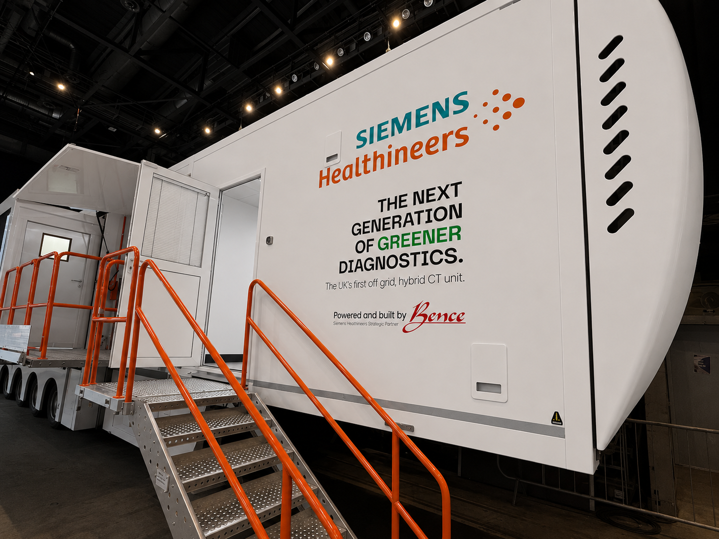 The UK’s first hybrid-powered mobile CT unit, developed in collaboration with WH Bence to support sustainable, community-based lung cancer screening with the SOMATOM go.Up CT system.