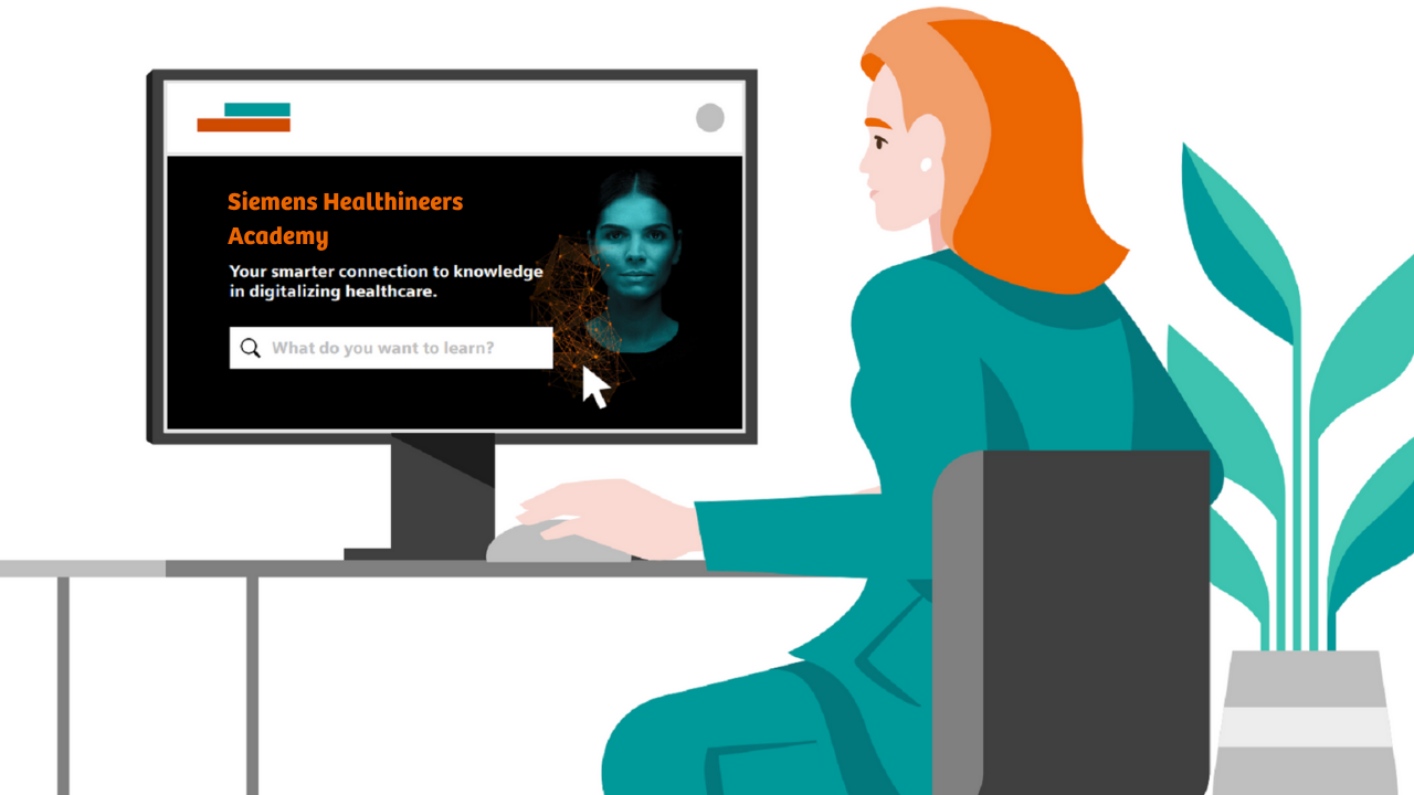 A woman sitting at a computer browsing the Siemens Healthineers Academy website