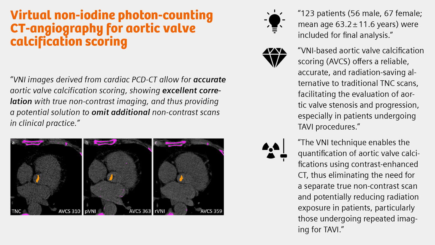 Summary of the publication "Virtual non-iodine photon-counting CT-angiography for aortic valve calcification scoring"