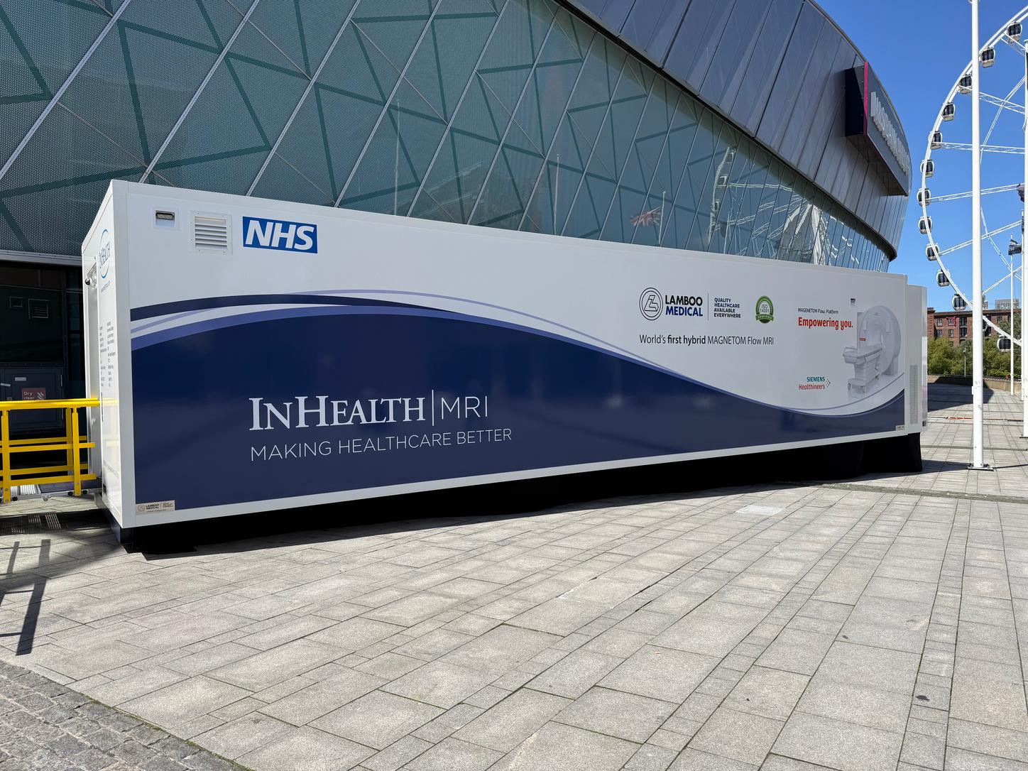 The UK’s first hybrid relocatable MAGNETOM Flow.Elite MRI trailer, designed by InHealth and housed in a Lamboo-built unit, representing the first deployment of its kind in the UK.