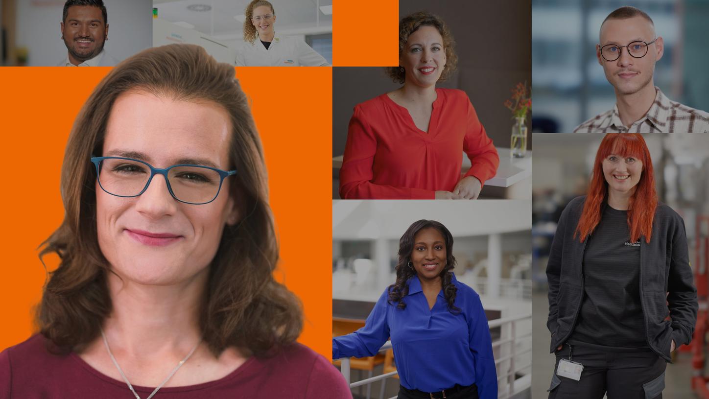 Collage zeigt sieben verschiedene Mitarbeitende von Siemens Healthineers aus verschiedenen Bereichen des Unternehmens.