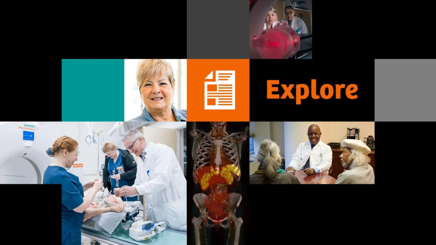 Collage of doctors, patients, and medical imaging scenes with the word “Explore” and a document icon in the center.