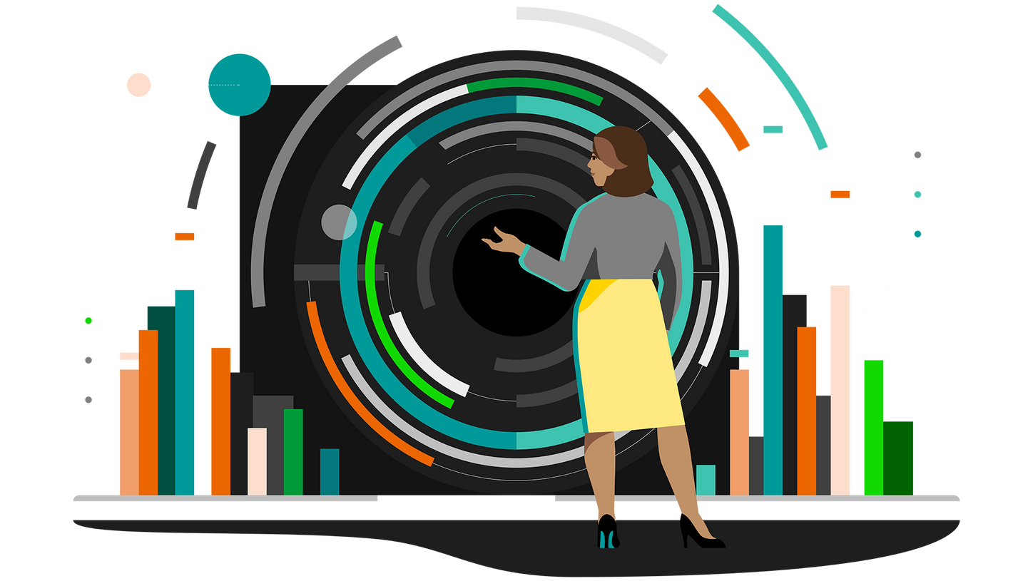 Illustration of a woman interacting with a futuristic digital interface, featuring data visualizations, bar charts, and circular graphical elements in a technology-driven environment.