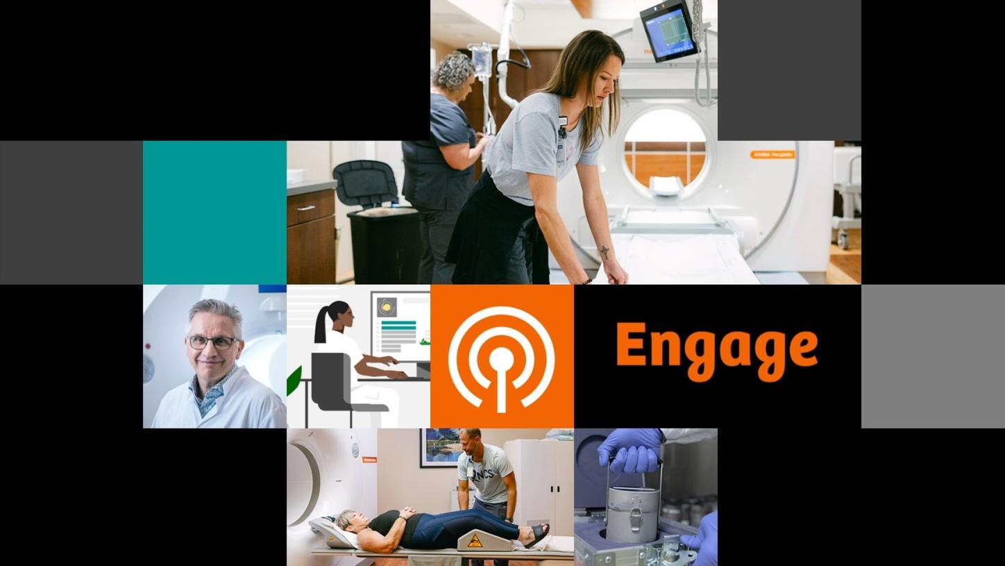 Collage of medical imaging scenes and professionals with the word “Engage” and a broadcast icon in the center.ew