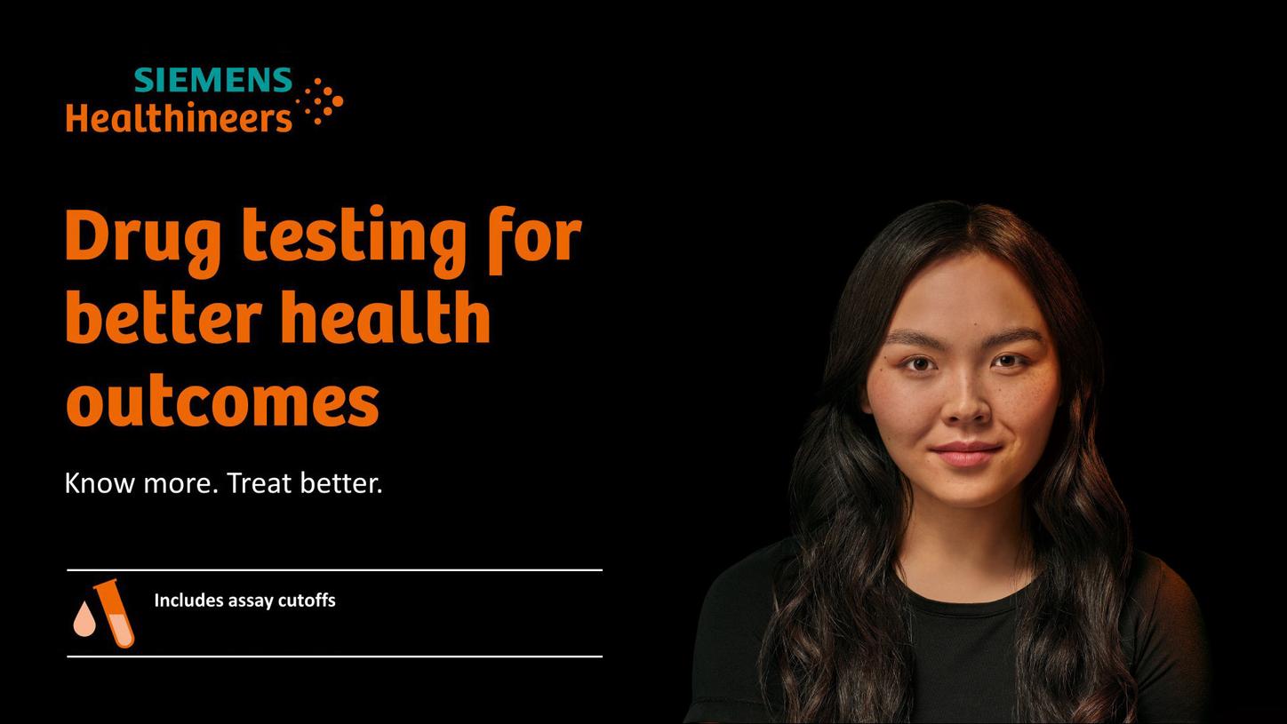 Woman alongside text reading "Drug testing for better health outcomes. Know more. Treat better." for a drugs of abuse testing brochure.