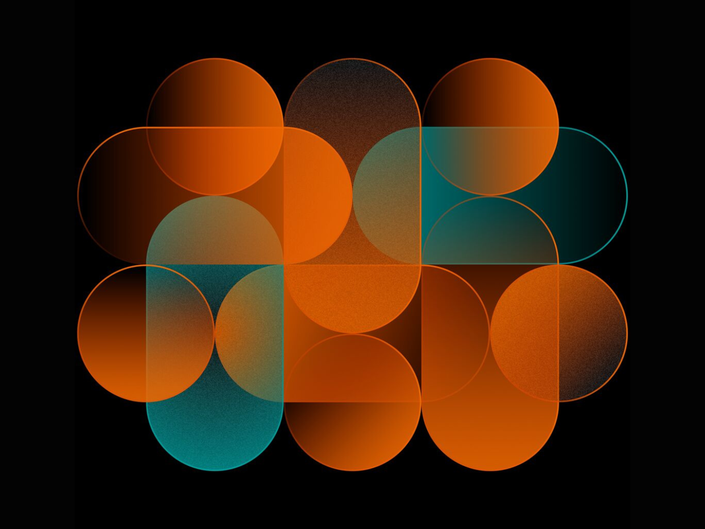Abstract geometric pattern of overlapping orange and teal shapes on a black background.